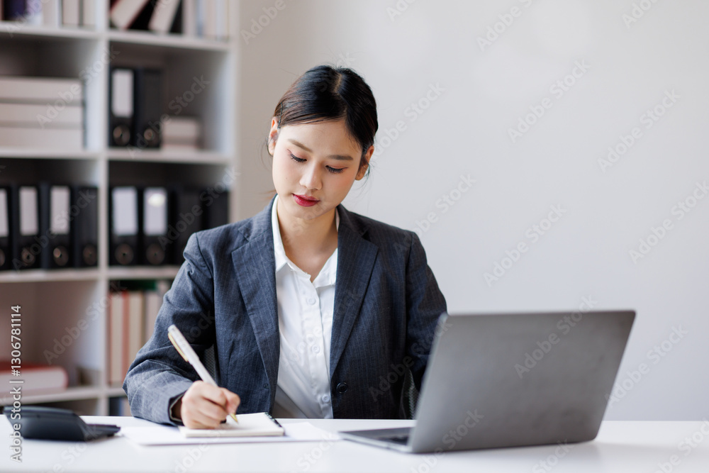 Asian Businesswoman Using laptop computer and working at office calculator document on desk, doing planning analyzing the financial report, business plan investment, finance analysis concept.
Asian Businesswoman Using laptop computer and working at office calculator document on desk, doing planning analyzing the financial report, business plan investment, finance analysis concept.