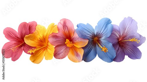 Vibrant Hibiscus Bloom: A captivating row of vividly colored hibiscus blossoms bursts with life, showcasing a spectrum of radiant hues and intricate petal details.