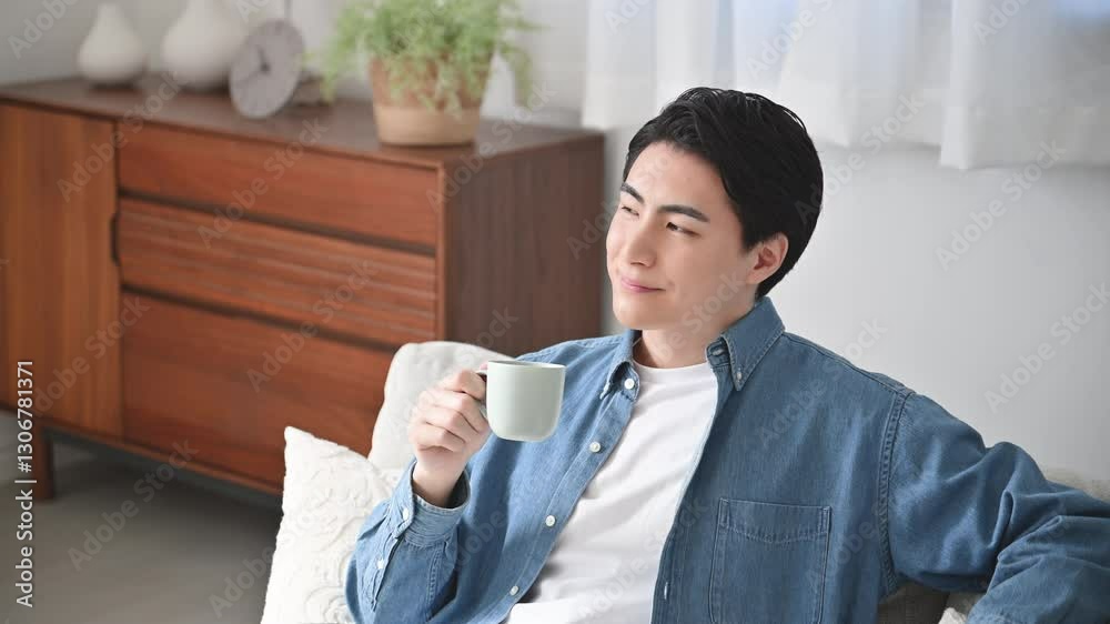 リビングでコーヒーを飲むくつろぐ若い男性の上半身動画 クローズアップ リビングでコーヒーを飲むくつろぐ若い男性の上半身動画 クローズアップ
