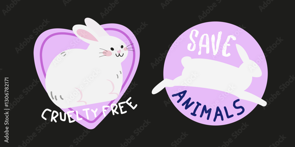 Cruelty free bright vector label with rabbit. Emblem for products that not tested on animals. Cosmetics packaging marking. Animals protection logo. Stop animal testing cartoon stickers Cruelty free bright vector label with rabbit. Emblem for products that not tested on animals. Cosmetics packaging marking. Animals protection logo. Stop animal testing cartoon stickers