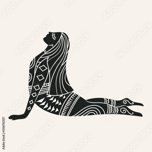 Vector illustration for International Yoga Day. Feminine figure in a flat style. Woman doing asana, surrounded by organic shapes. Black figure Isolated on white background