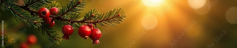 Pine branches with pomegranate berries in a golden light, pine tree, Pine branches with pomegranate berries in a golden light, pine tree,