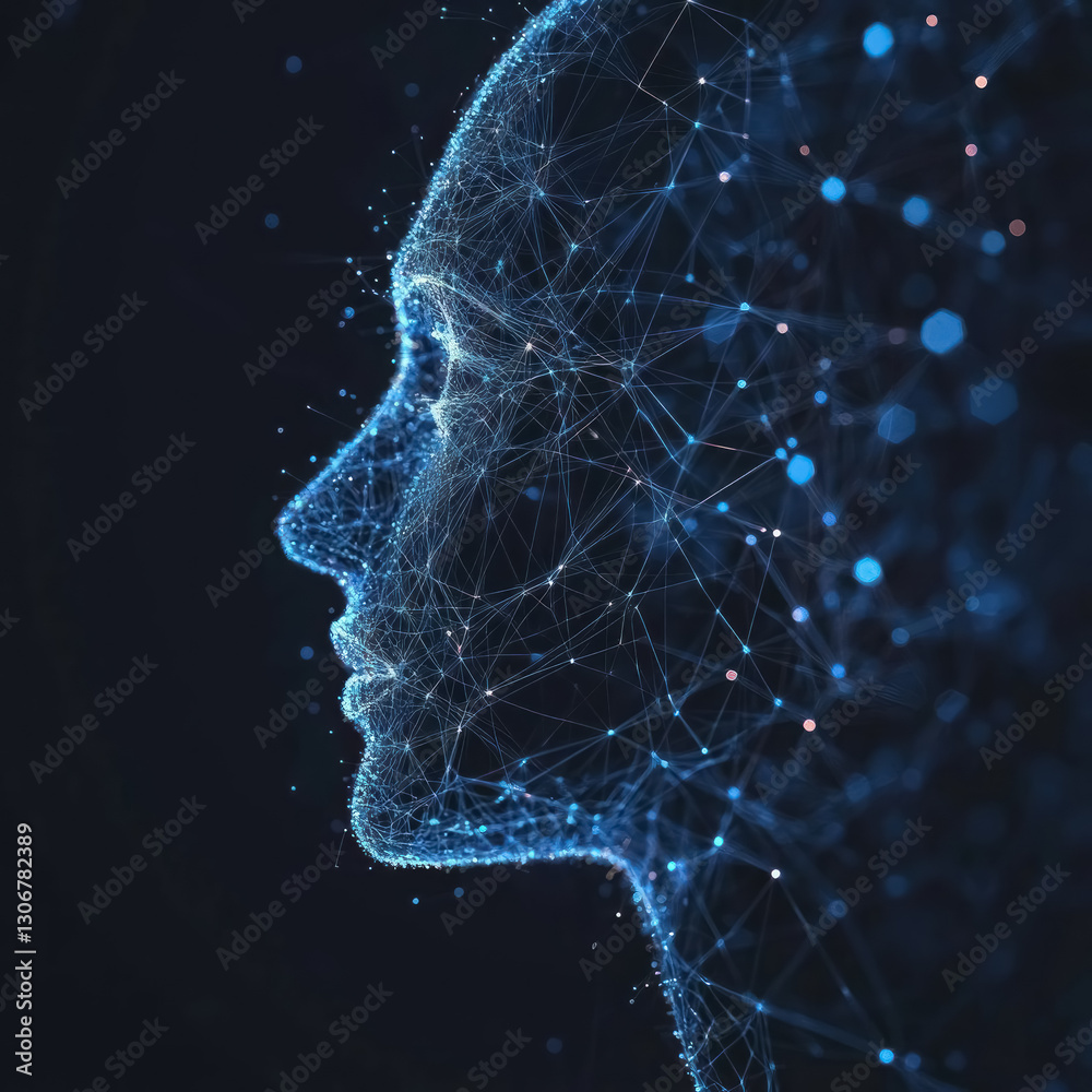 digital human face made of blue glowing network connections digital human face made of blue glowing network connections