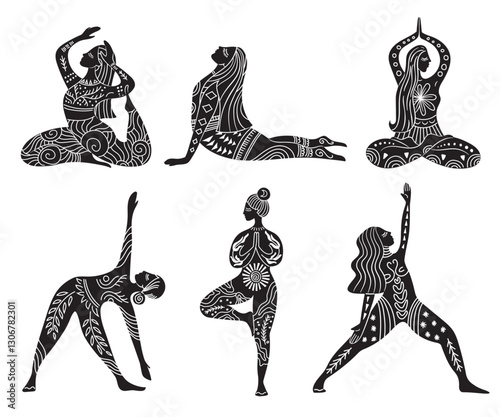 Set of vector illustrations for International Yoga Day. Feminine figure in a flat style. Woman doing asana, surrounded by organic shapes. Black figure Isolated on white background