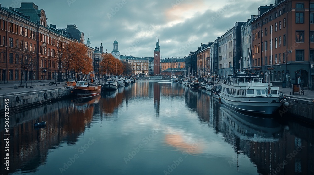 Obraz premium Calm canal in Stockholm, buildings reflected, autumnal hues