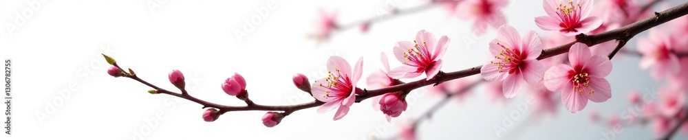 A branch with thorns and flowers isolated on white background against a soft focus, ornamental, floral, blossom A branch with thorns and flowers isolated on white background against a soft focus, ornamental, floral, blossom