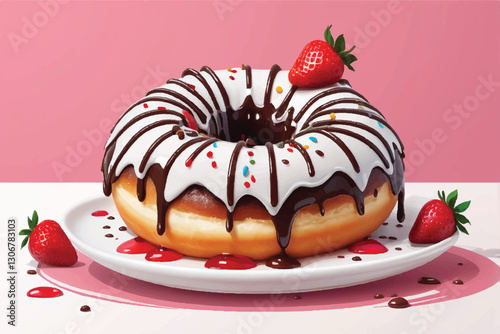Fluffy donut topped with white glaze, drizzled with chocolate, and sprinkled with vibrant strawberry jelly pieces for a sweet and fruity indulgence.