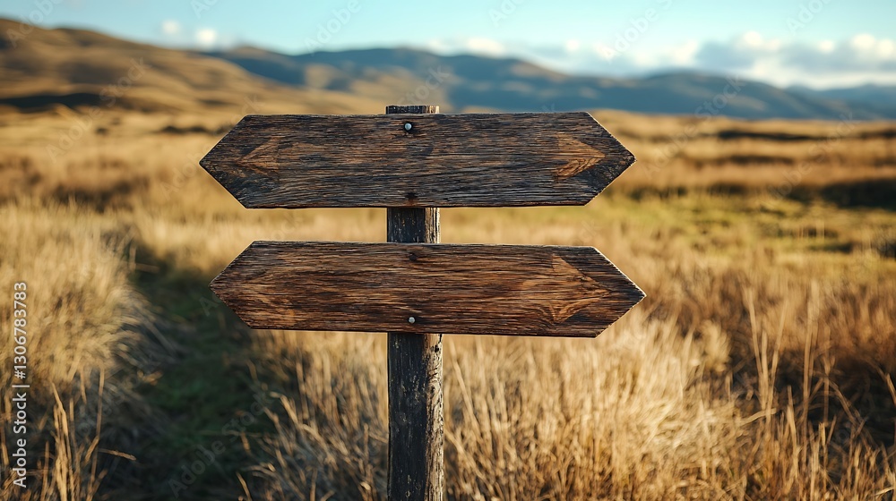 Naklejka premium navigation concept with rustic wooden signpost and three arrows in grassy field representing travel outdoor path rural lifestyle journey adventure choice and guidance symbol