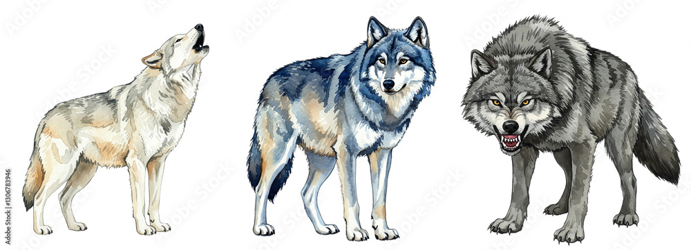 Fototapeta premium Majestic Wolves in Different Poses, watercolour style clipart collection isolated on a transparent background