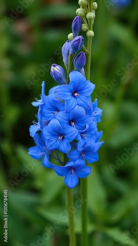 Blue delphinium flower with green stem and leaves, delphinium, leaves