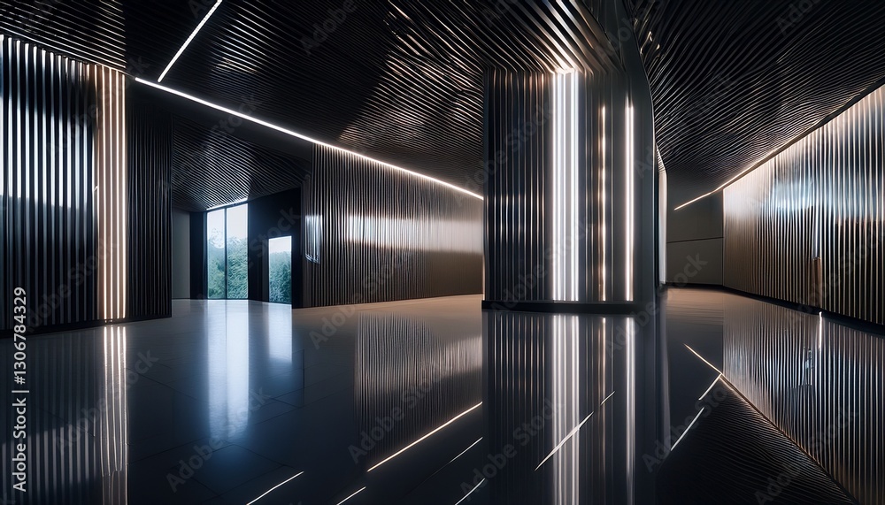 Naklejka premium Large mirrored panels reflecting geometric shadows, with LED strip lighting outlining the forms, minimalist, elegant atmosphere.