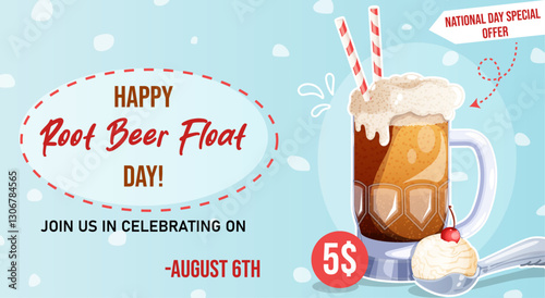 Happy Root Beer Float Day August 6th National Day Special Offer Banner with Cute Root Beer Float Graphic. Horizontal Promotional Banner Art with Doodles