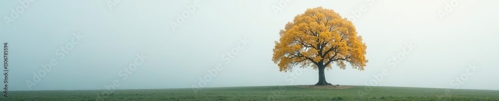 Naklejka premium Foggy sky reflects off the bright yellow leaves of a lone oak tree, nature, solo