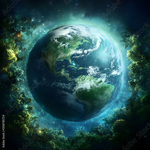 A healthy Earth with a glowing, beautiful planet surrounded by green forests, oceans, and a clean atmosphere.