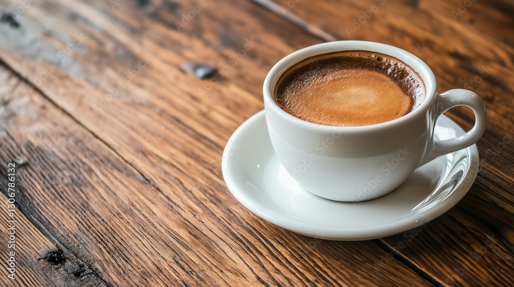 Close up photo. cup of coffee on wooden table