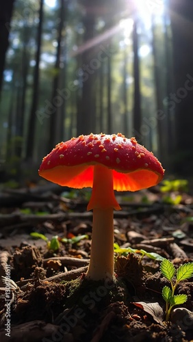 Bright red cap glowing with sunlight filtering through trees, forest floor, nature, fungi