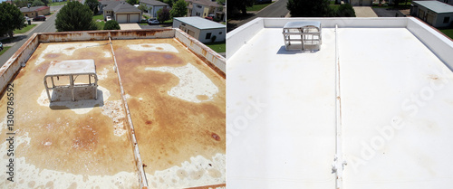 Damaged flat roof restoration comparison showing pooling water, repair process