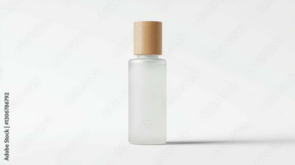 Frosted glass bottle with wooden cap on white background. Frosted glass bottle with wooden cap on white background.