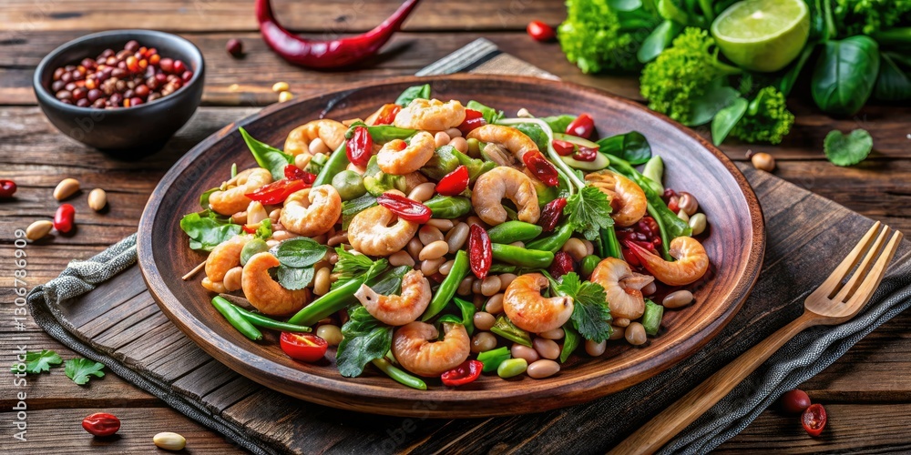 Aerial view: Shrimp and wing bean salad, elevated by toasted cashews and a zesty Thai dressing. Aerial view: Shrimp and wing bean salad, elevated by toasted cashews and a zesty Thai dressing.
