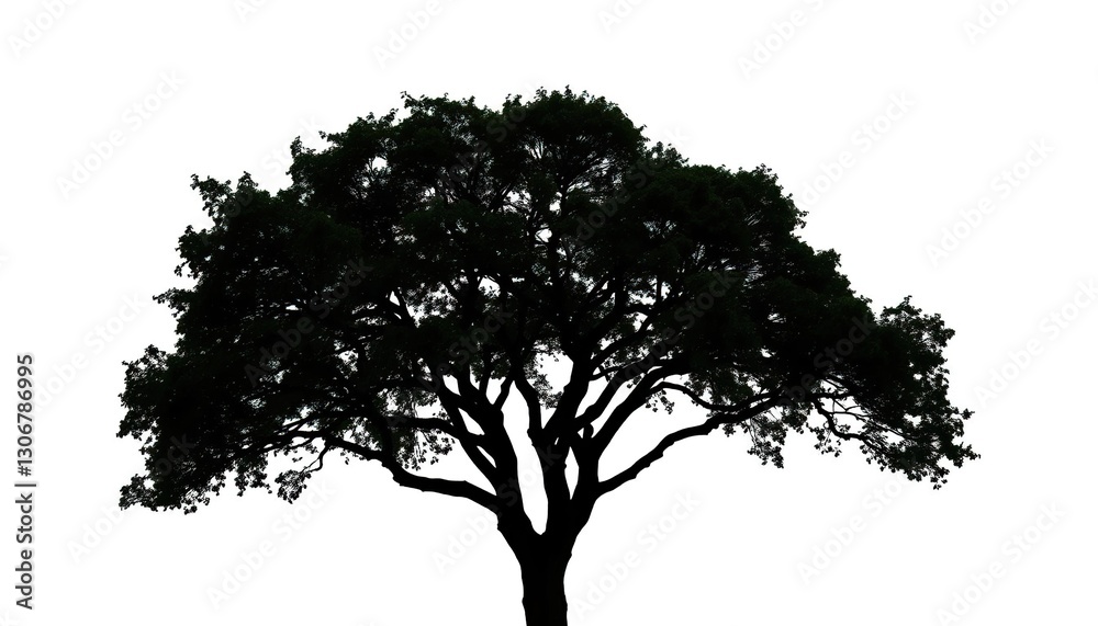 Fototapeta premium Single, majestic tree silhouetted against a pure white backdrop, clean, foliage