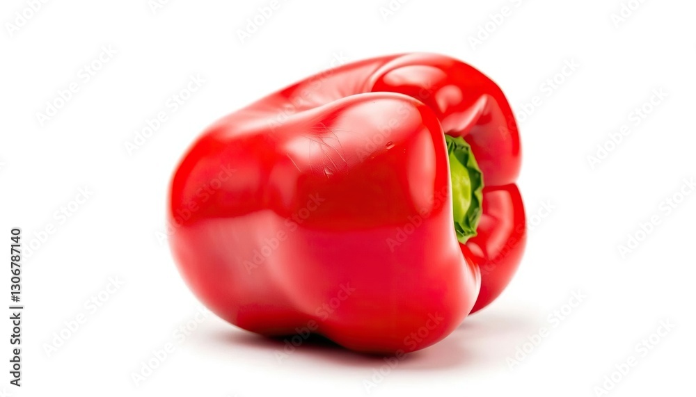 Single vibrant red bell pepper, glossy skin, isolated on pure white backdrop, red pepper, fresh