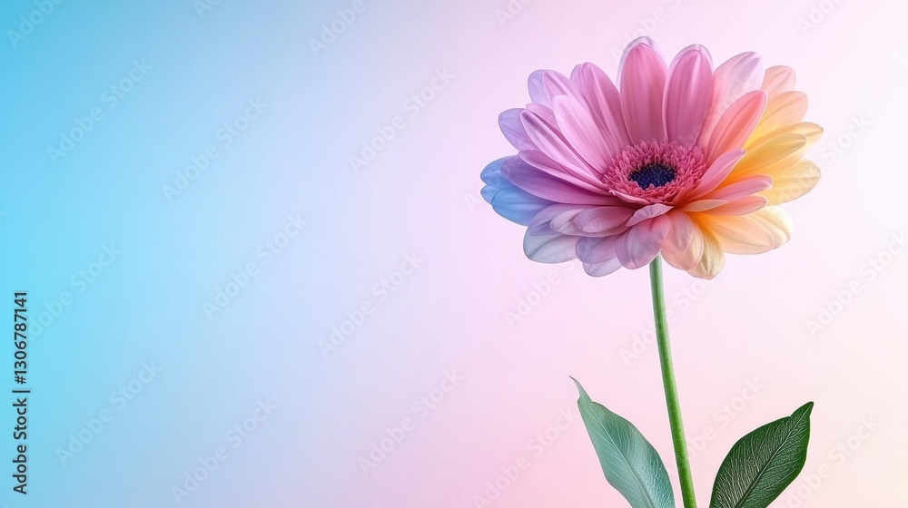 Fototapeta premium A vibrant, pink flower stands against a soft gradient background, showcasing delicate petals and green leaves, evoking a sense of beauty and tranquility.