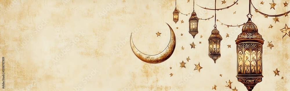 Decorative Ramadan Pattern with Crescent Moons, Lanterns, and Stars for Celebratory Events Decorative Ramadan Pattern with Crescent Moons, Lanterns, and Stars for Celebratory Events