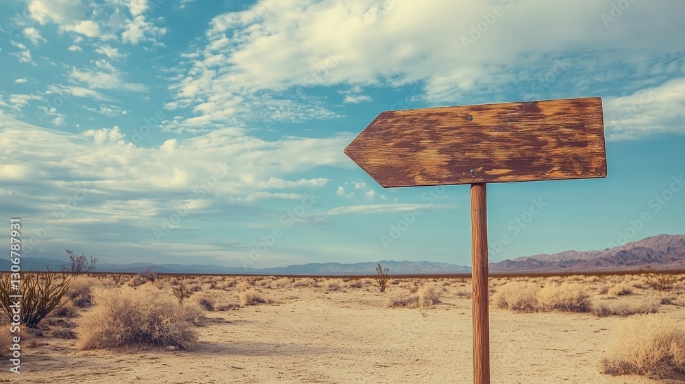 Empty wooden sign arrow on a long stick isolated on sky and desert background Empty wooden sign arrow on a long stick isolated on sky and desert background