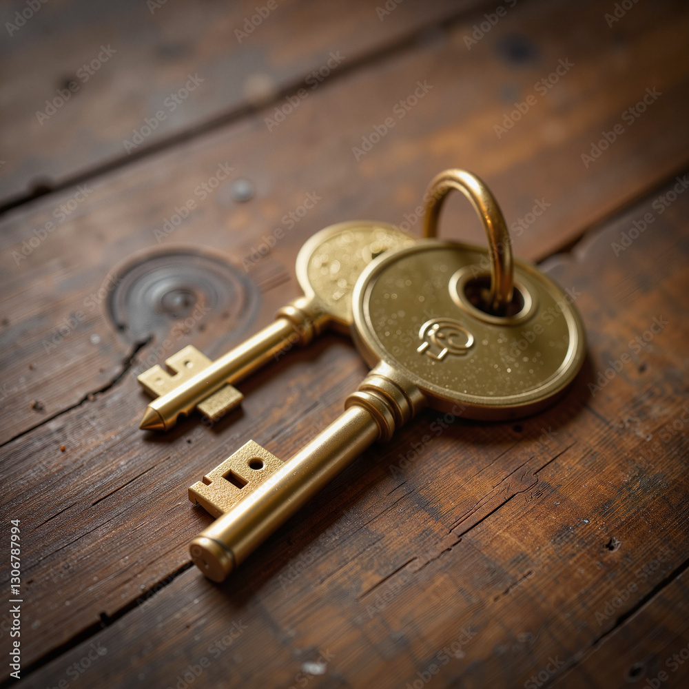 Shiny copper keys on rustic wooden surface, warmth and security Shiny copper keys on rustic wooden surface, warmth and security