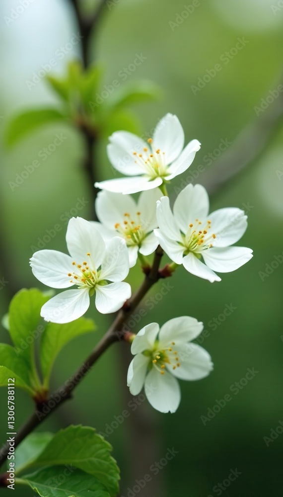 Obraz premium White pear tree flowers swaying gently on a limb, delicate petals, twig branches, flowers