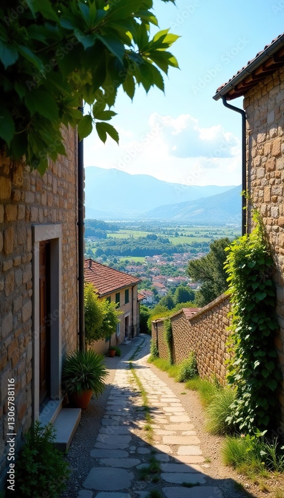 Fototapeta premium Vigneti in cima a una collina con vista sul borgo, luce solare, architetture antiche, borgo