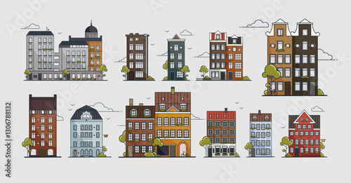 A colorful illustration showcasing the architectural styles of Amsterdam, Copenhagen, and Helsinki