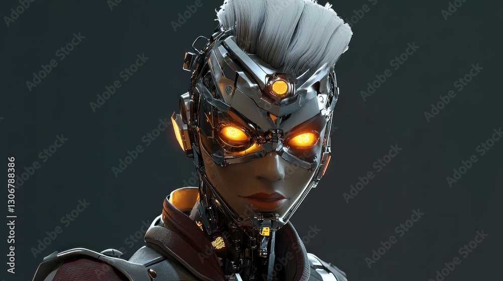 Naklejka premium A futuristic female cyborg with glowing eyes and metallic headwear