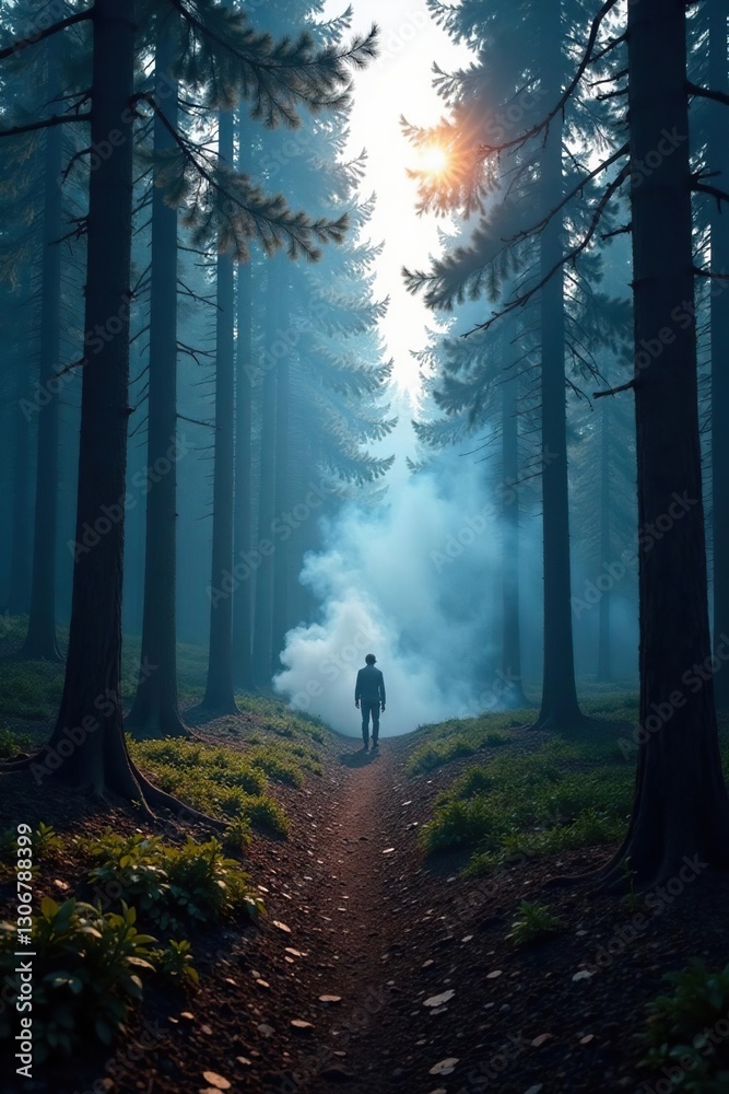 Fototapeta premium Darkening forest floor shrouded in a veil of smoke and ash, pine forest, smoke