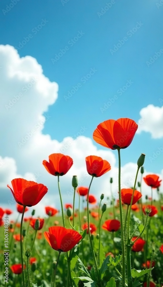 Naklejka premium Poppies against a clear blue sky with soft white clouds, flowers, poppies, countryside