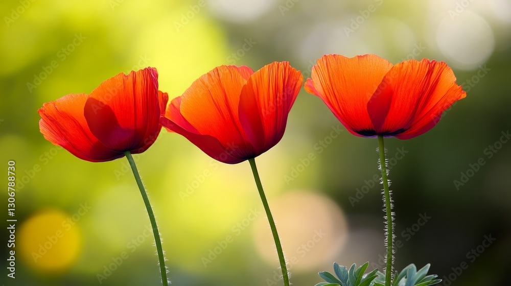 Three vibrant red flowers in full bloom against a soft, blurred green background Three vibrant red flowers in full bloom against a soft, blurred green background