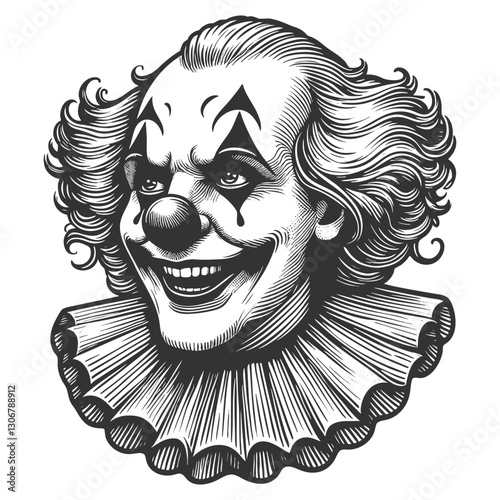 clown face with curly hair, exaggerated makeup, and a ruffled collar in retro engraving style sketch engraving generative ai vector illustration. Scratch board imitation. Black and white image.