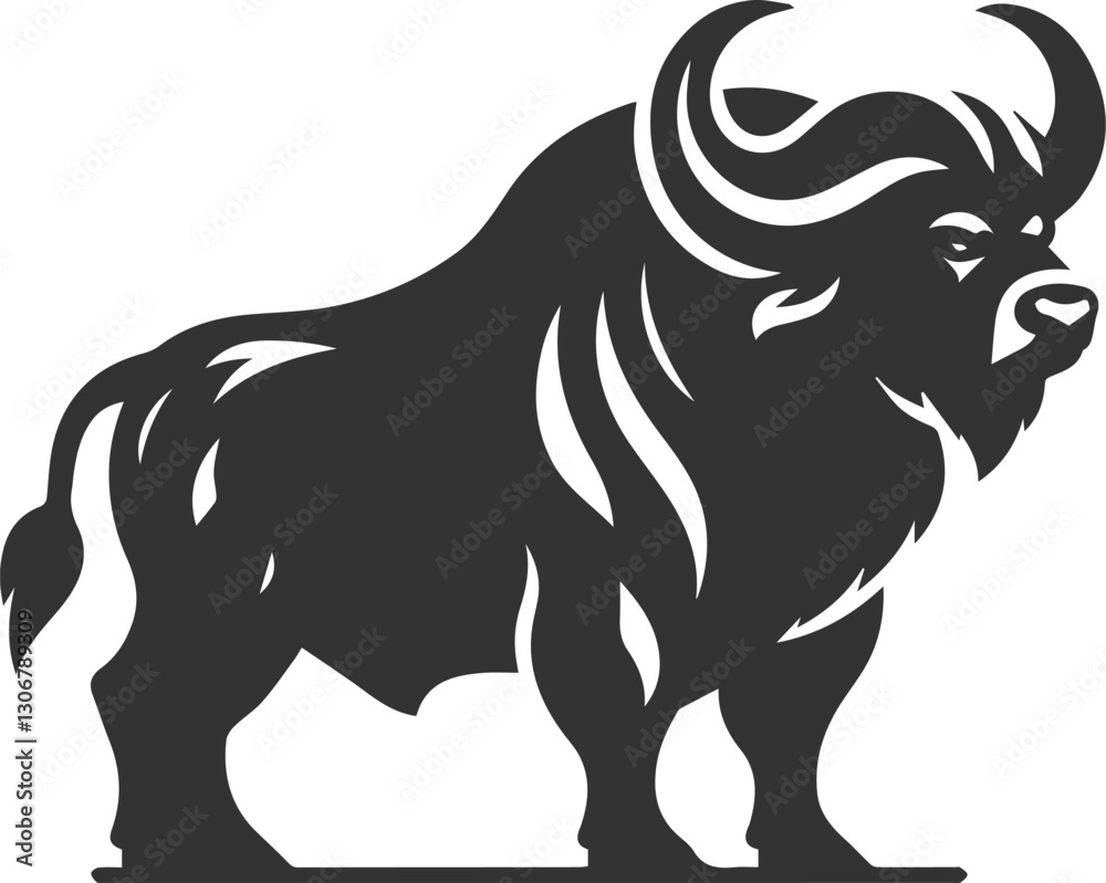 Buffalo in a strong side profile, showing muscular build animal vector silhouette Buffalo in a strong side profile, showing muscular build animal vector silhouette