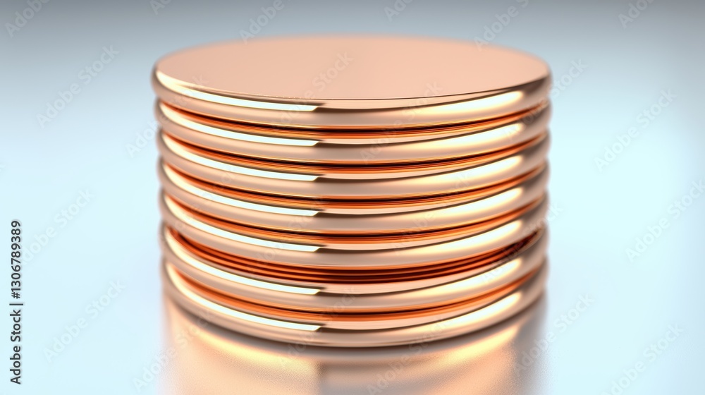 Obraz premium A stack of shiny, copper-colored coins arranged neatly, reflecting light with a smooth, polished surface.