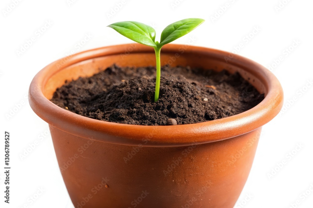 A tiny herb sprout emerges from rich soil, a close-up of indoor gardening success. A tiny herb sprout emerges from rich soil, a close-up of indoor gardening success.