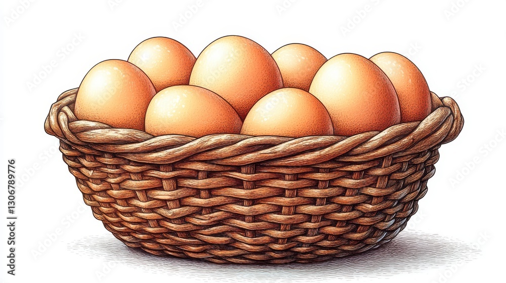 fresh organic eggs in brown wicker basket isolated,cartoon illustration style fresh organic eggs in brown wicker basket isolated,cartoon illustration style