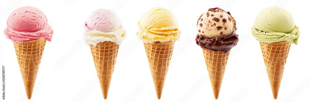 Five Colorful Ice Cream Cones on White Background Five Colorful Ice Cream Cones on White Background