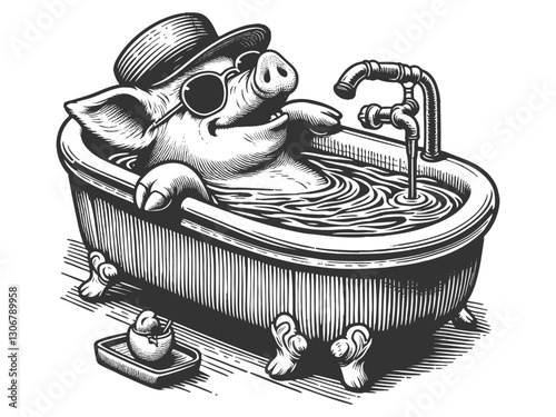 cheerful pig relaxing in a bathtub, blending humor and rustic charm in a detailed classic etching sketch engraving generative ai vector illustration. Scratch board imitation. Black and white image.