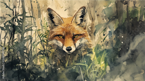 Vector illustration, watercolor painting of red fox  in the wild