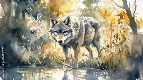 Vector illustration, watercolor painting of wolf in the wild