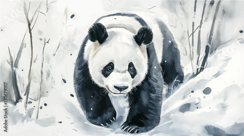 Vector illustration, watercolor painting of panda bear  in the wild
