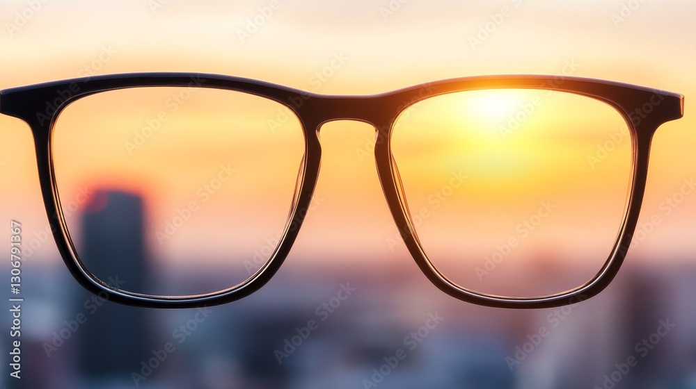 Fotografie Close-up of eyeglasses against a vibrant sunset skyline, highlighting urban beau