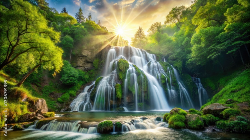 Fototapeta premium Breathtaking mountain landscape with a majestic waterfall cascading down.