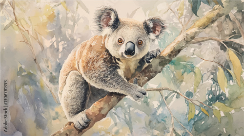 Vector illustration, watercolor painting of koala  in the wild