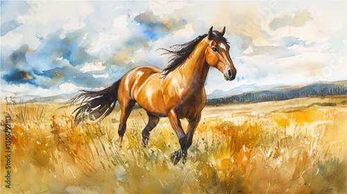 Vector illustration, watercolor painting of horse in the wild